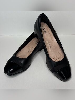 Clarks Black Patent Cap-Toe Low Block Heel Flats